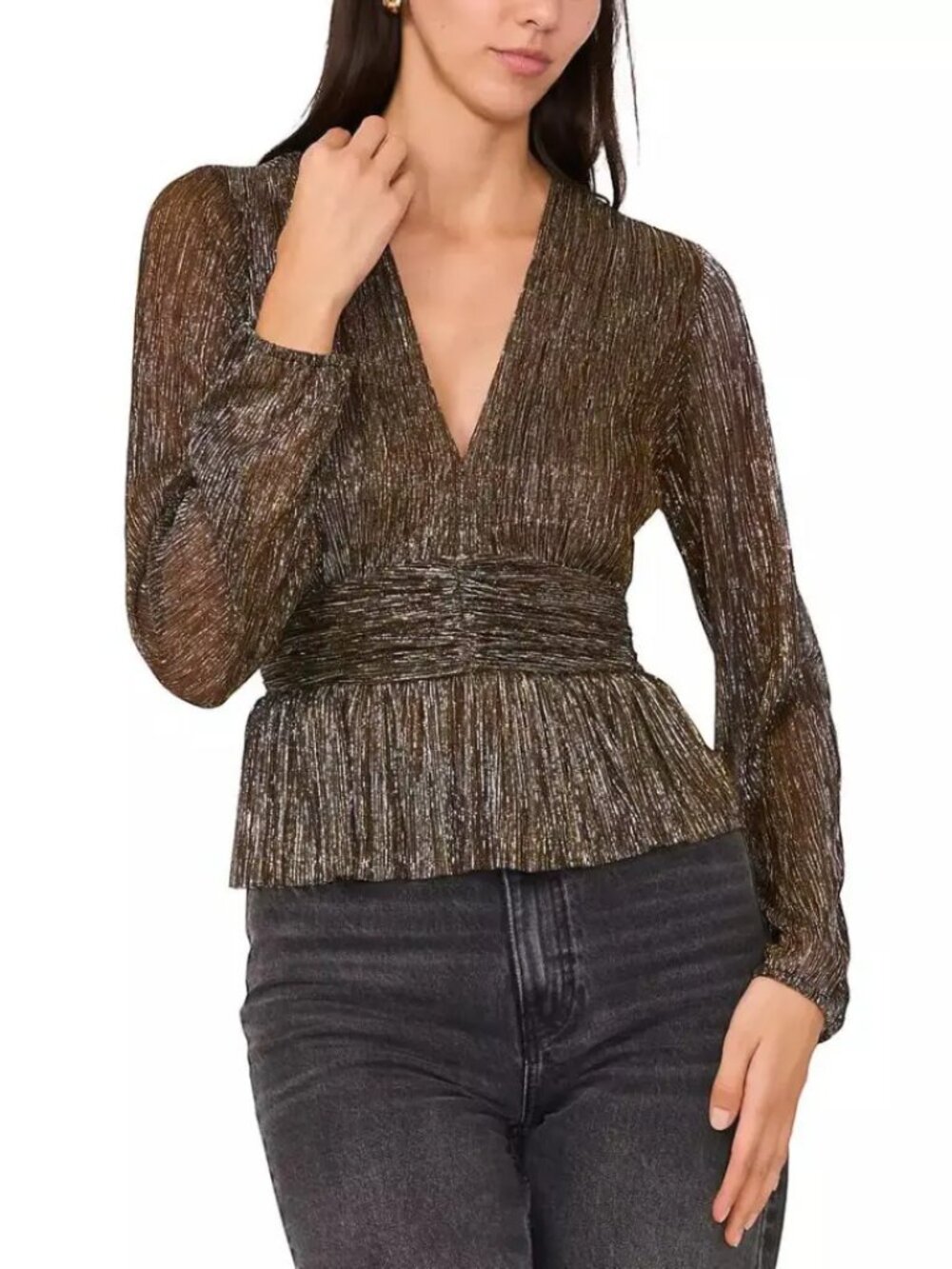 Parker Olivia Metallic Stripe V-Neck Peplum Top XS